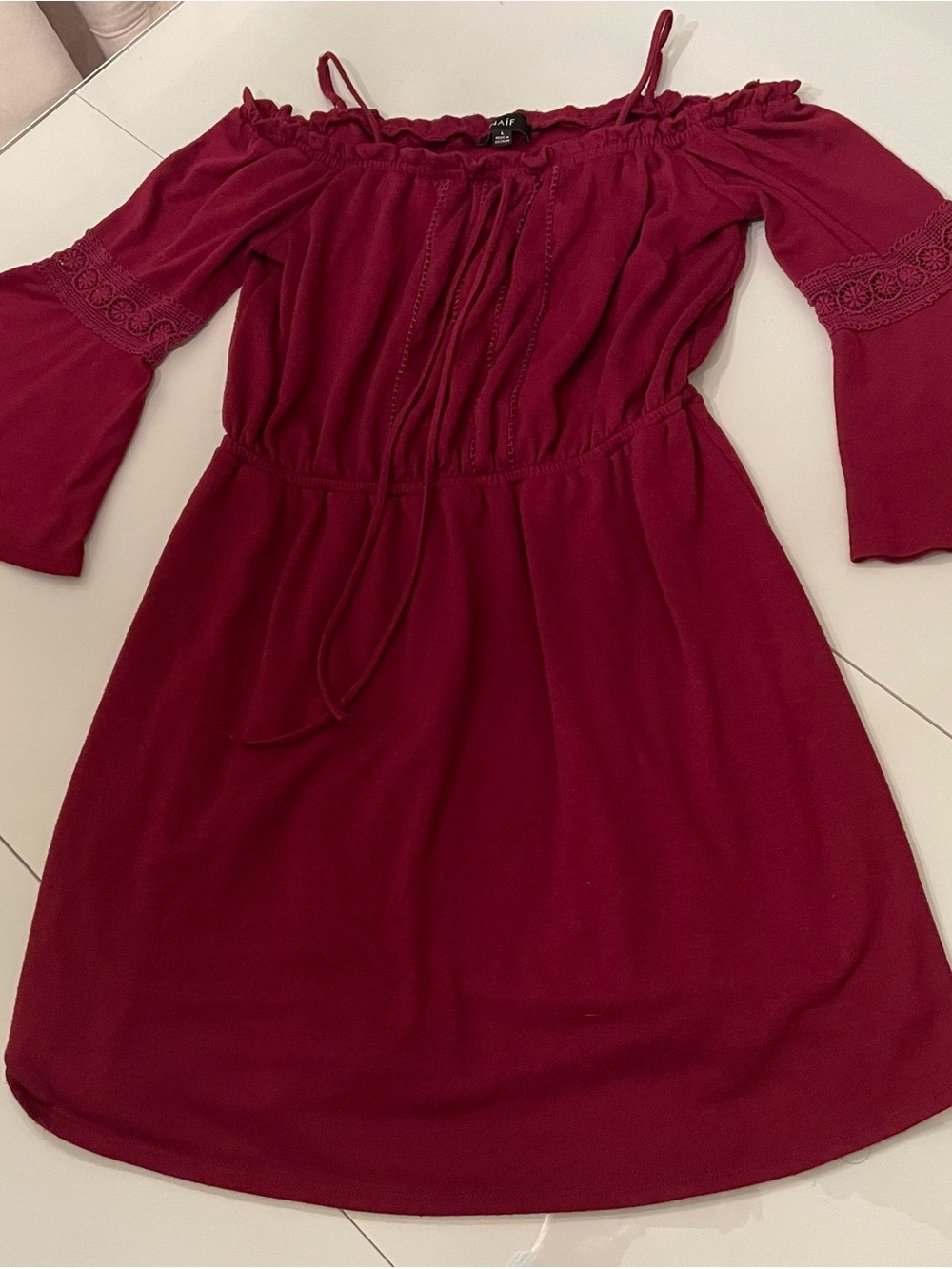 NAIF Burgundy Off-Shoulder Mini Dress with Lace Sleeve Detail